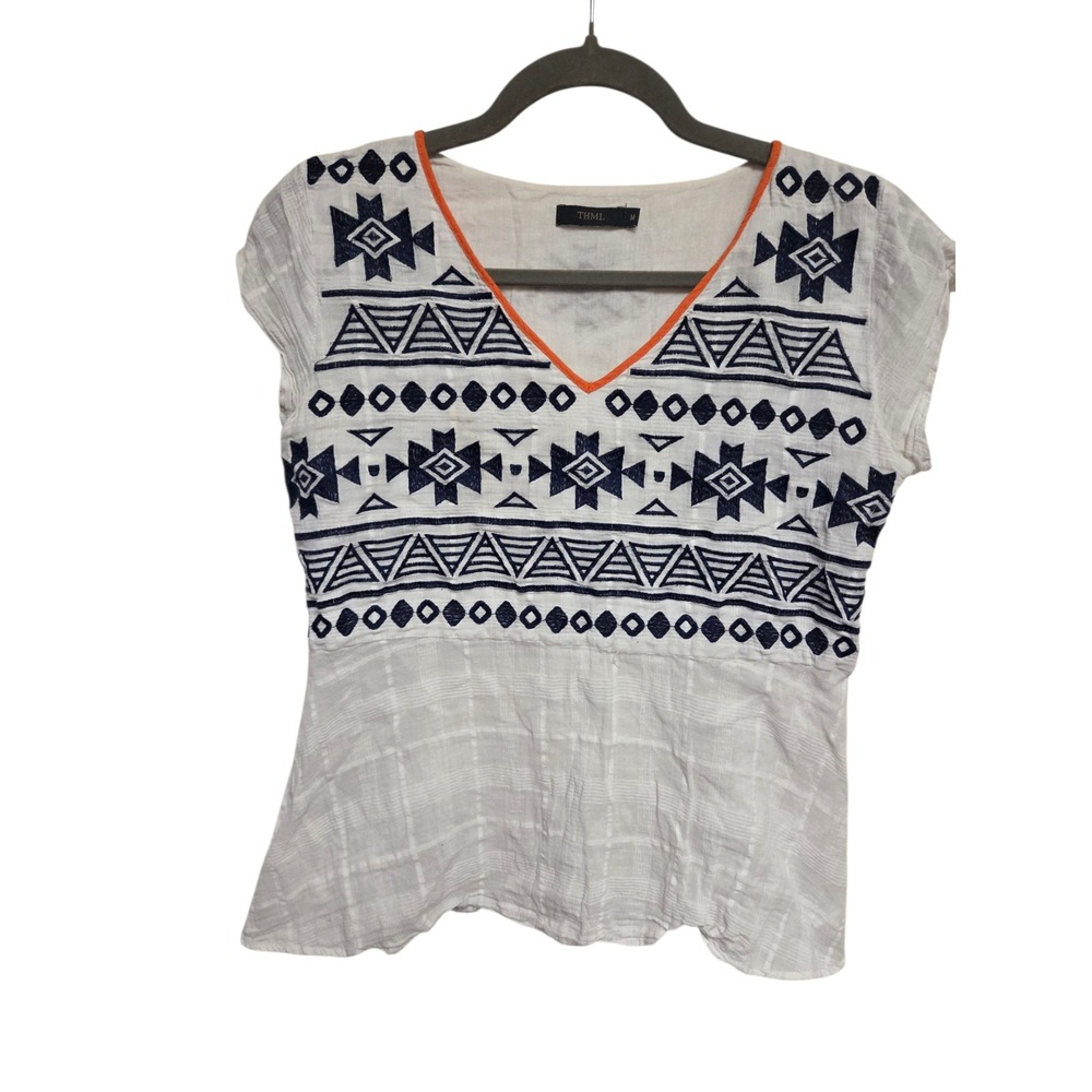 THML Embroidered Top Aztec Bohemian V-Neck Short Sleeve White Size M‎
